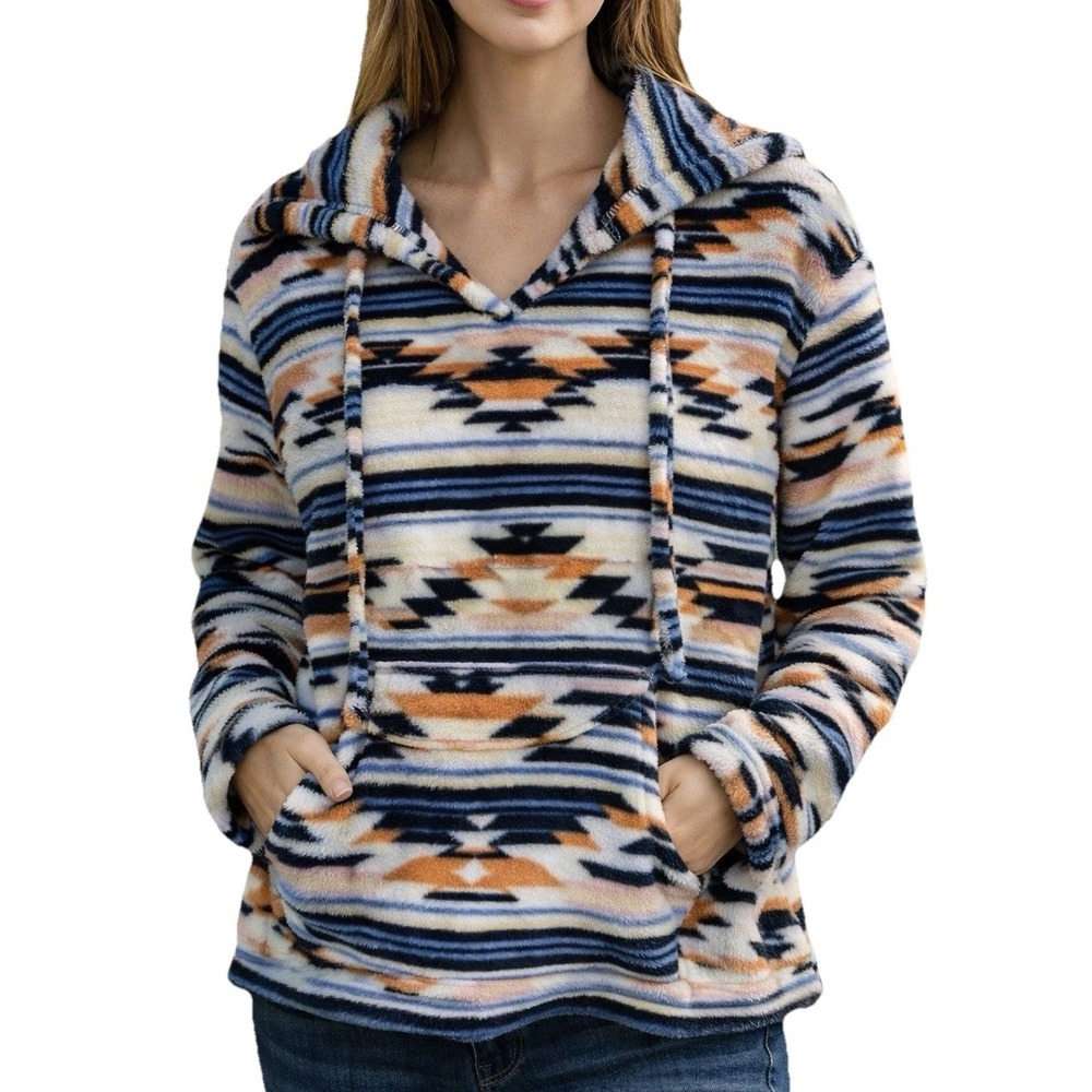Wallflower Aztec Fleece Women's L Southwestern Pullover Kangaroo Pockets NWT